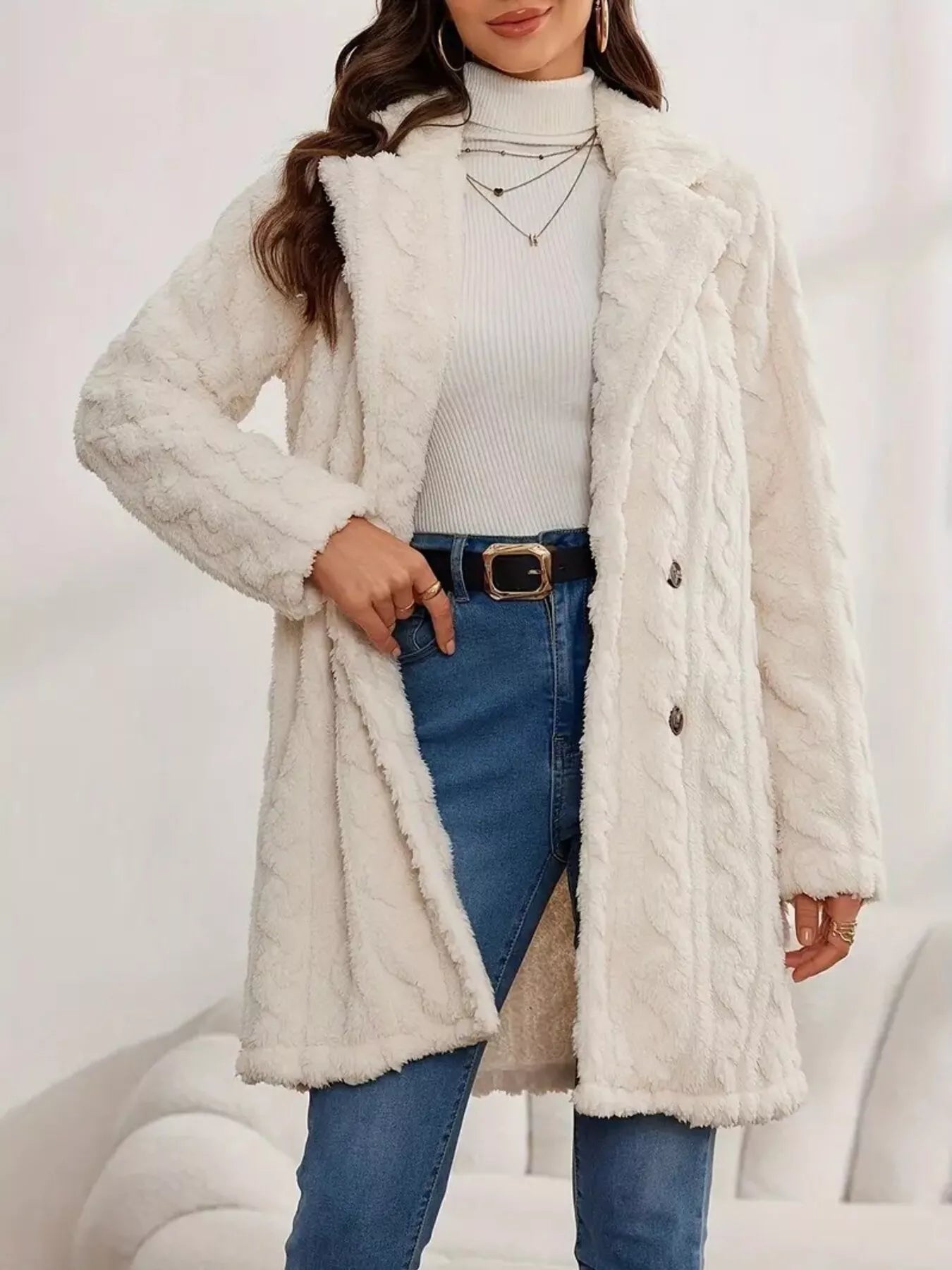 Double-Breasted Fleece Longline Coat