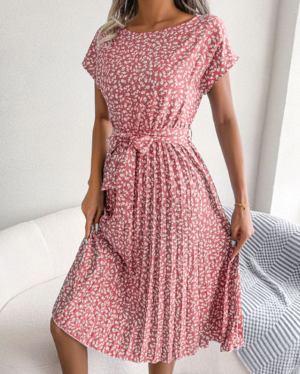 Ditsy Floral Pleated Belted Dress