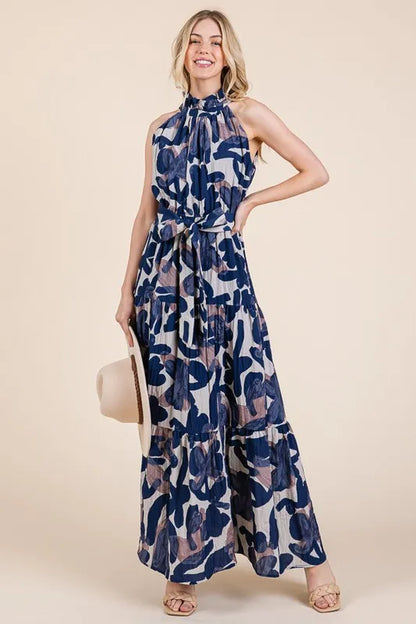 Lime 'N' Chili Abstract Halter Neck Tie-Waist Tiered Maxi Dress
