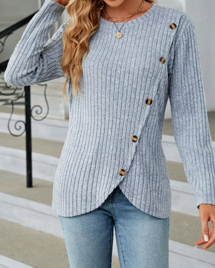 Ribbed Knit Decor Button T-Shirt
