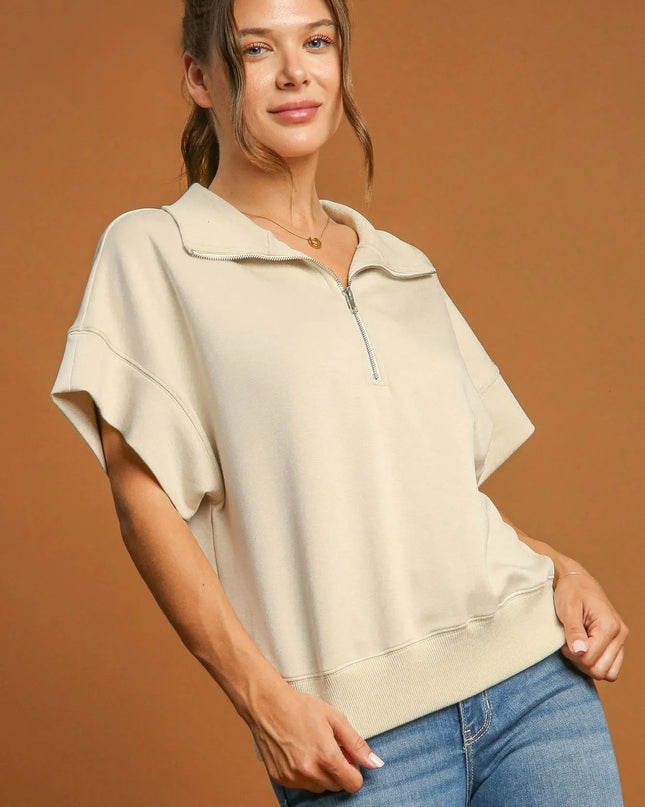 Umgee Full Size Half-Zip Short Sleeve Top Plus Size ECRU