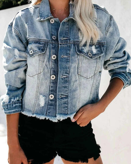 Distressed Raw Hem Denim Jacket