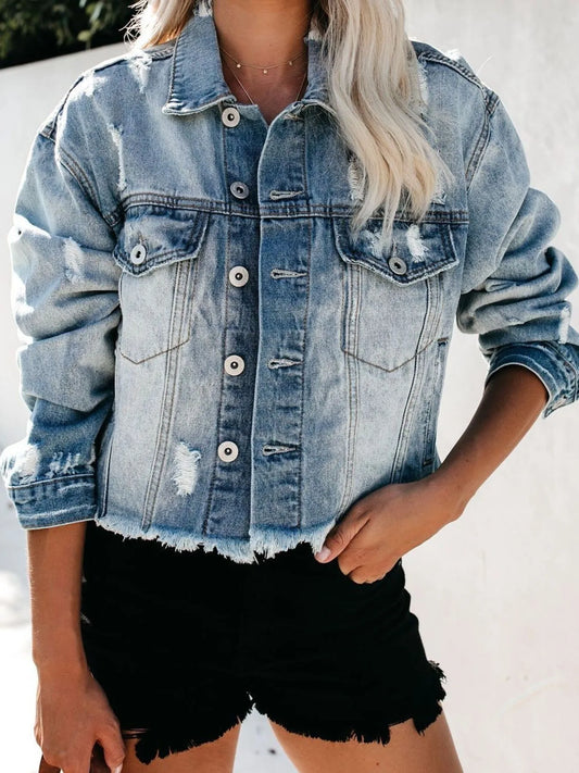 Distressed Raw Hem Denim Jacket Light