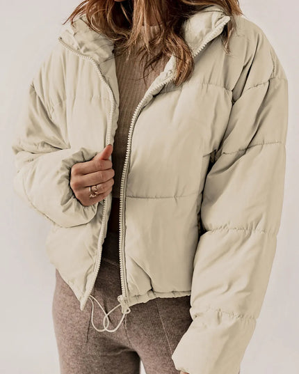 Zip Up Collared Neck Long Sleeve Winter Coat Cream