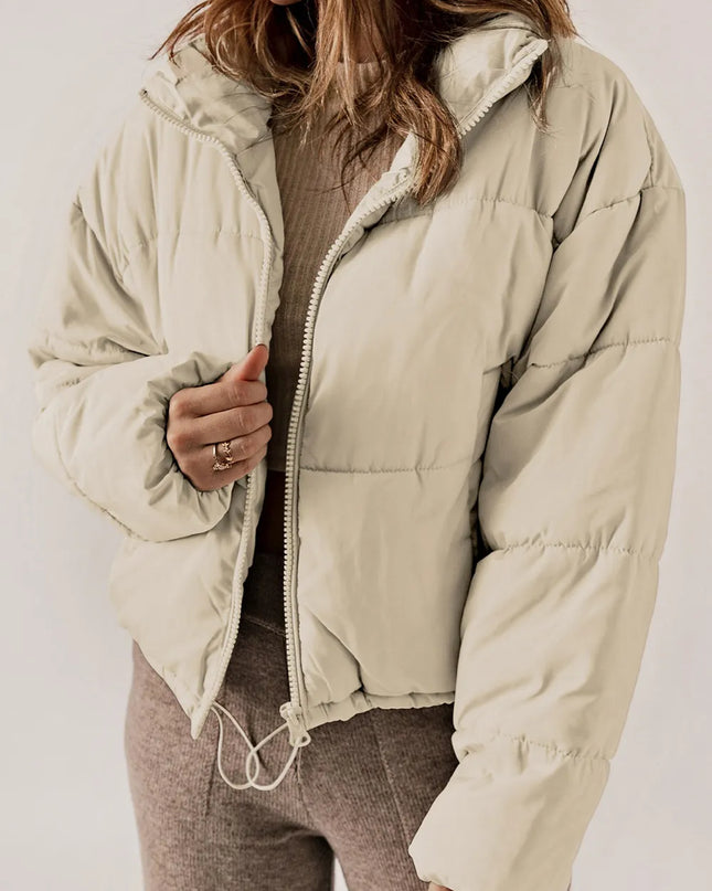 Zip Up Collared Neck Long Sleeve Winter Coat Cream