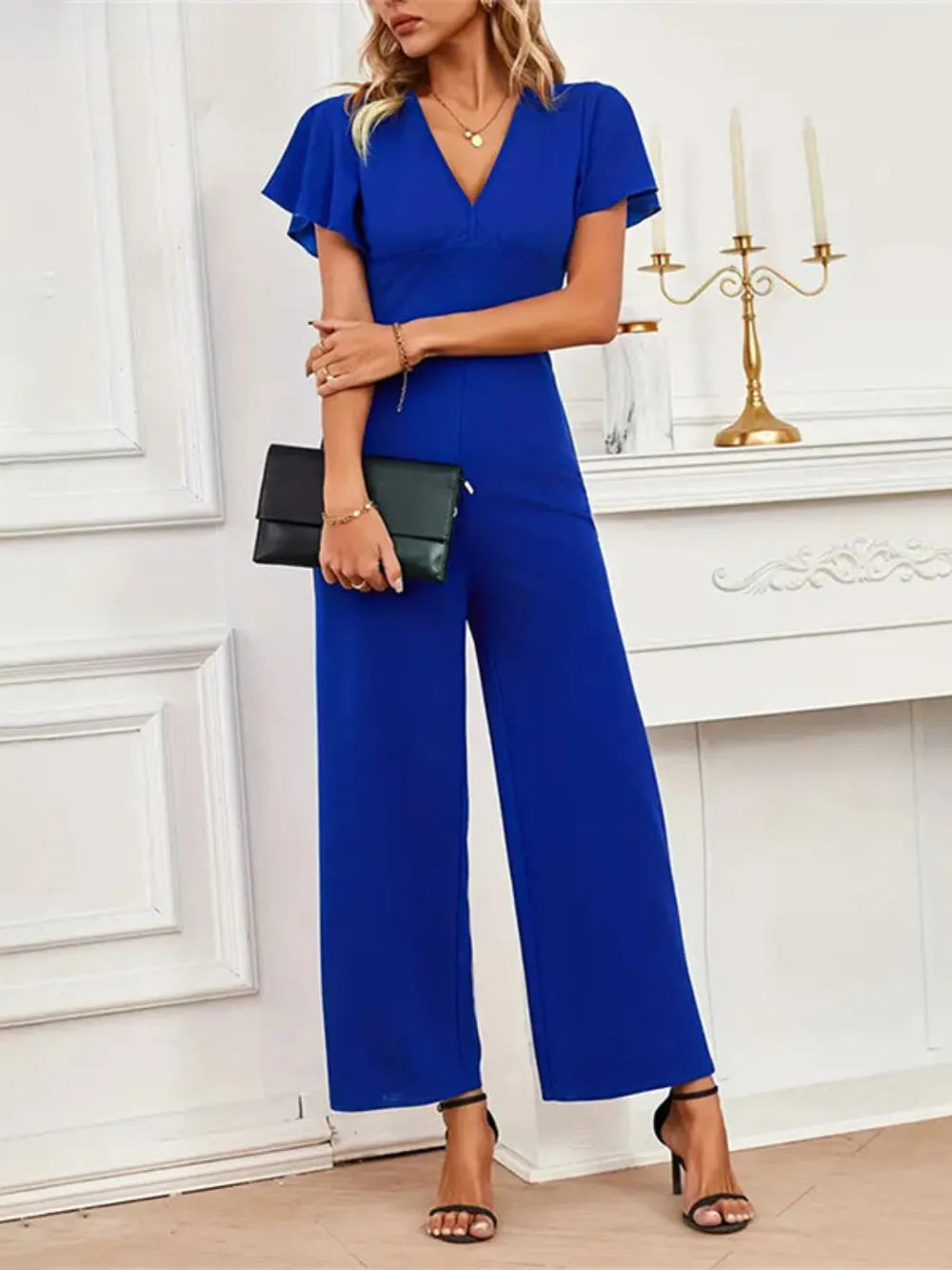 V-Neck Flutter Sleeve Jumpsuit