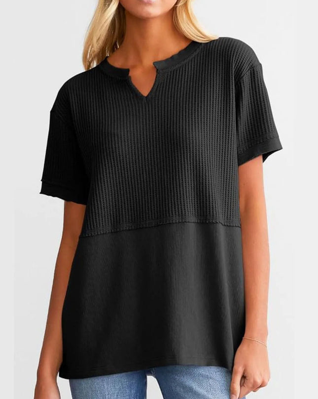 Texture Notched Short Neck T-Shirt Black