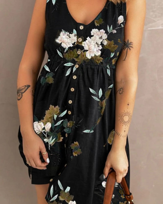 Double Take Printed Scoop Neck Sleeveless Buttoned Magic Dress with Pockets