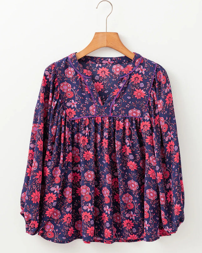 Floral Half Sleeve Split Neck Blouse Top