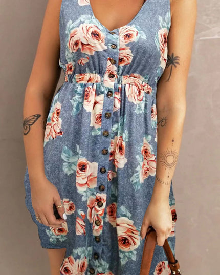 Double Take Printed Scoop Neck Sleeveless Buttoned Magic Dress with Pockets