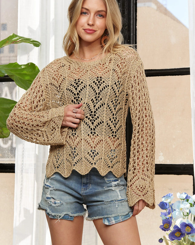 ADORA Long Sleeves Round Neck Crochet Top