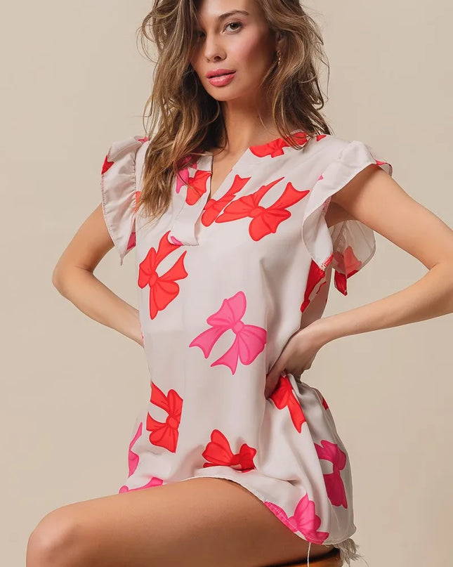 BiBi Bow Printed Woven Ruffled Sleeves V Neck Top