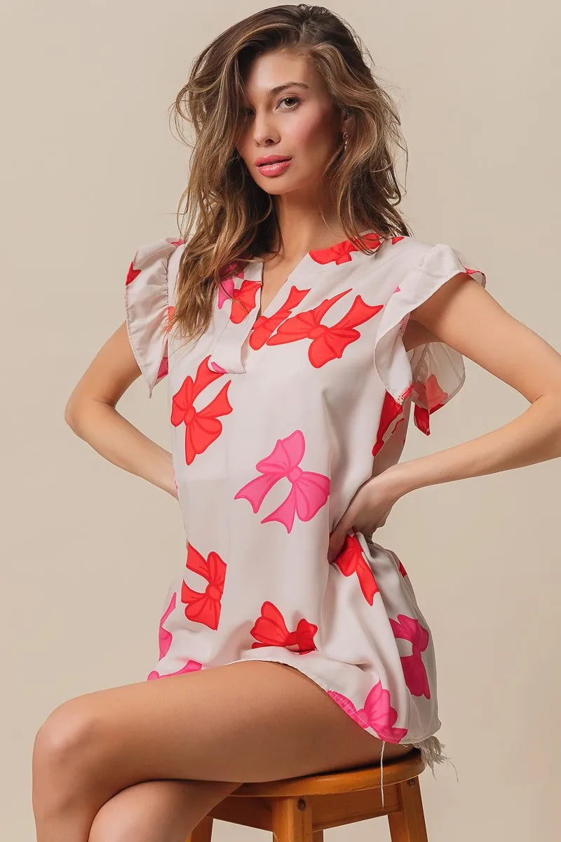BiBi Bow Printed Woven Ruffled Sleeves V Neck Top