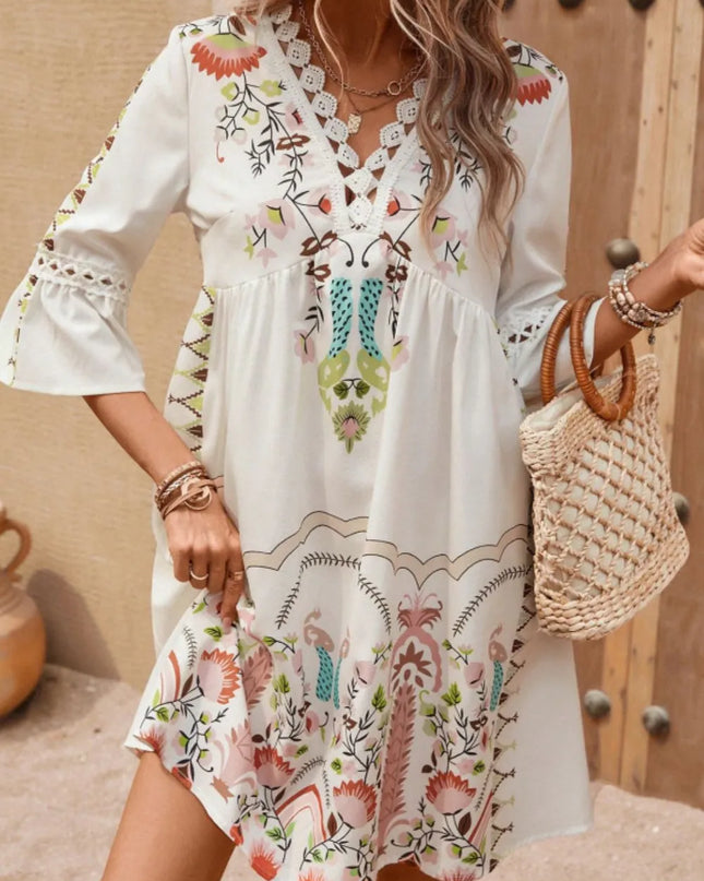 Lace Detail Printed Three-Quarter Sleeve Dress Apricot