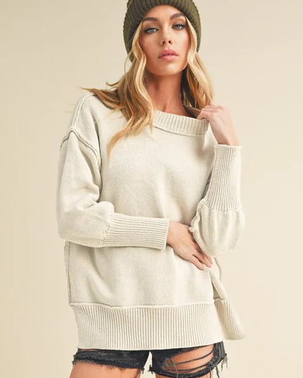 Aemi+Co Ribbed Hem Side Slit Round Neck Sweater