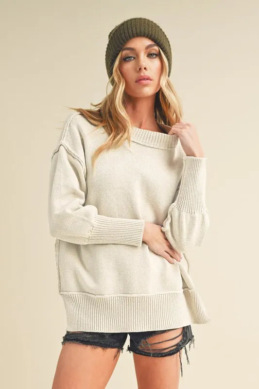 Aemi+Co Ribbed Hem Side Slit Round Neck Sweater
