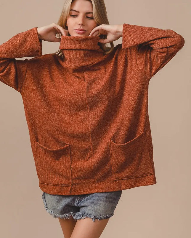 BiBi Piper Rib Double Pocket Turtle Neck Sweater