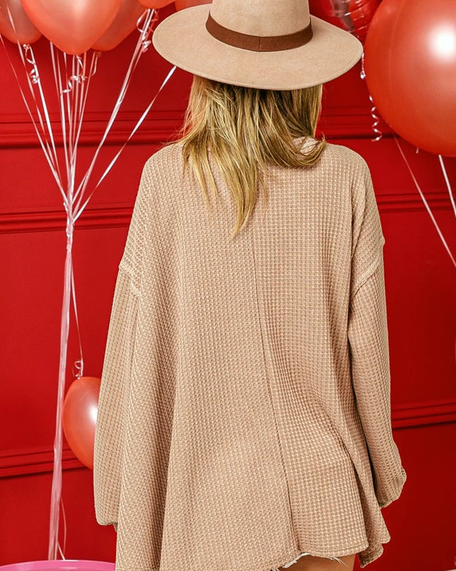 BiBi V-Neck Waffle Uneven Hem Top