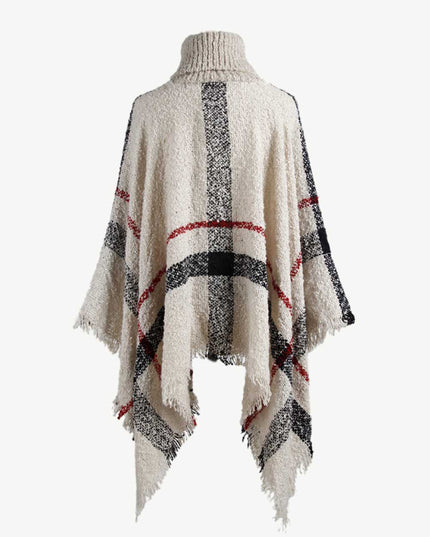Plaid Turtleneck Raw Hem Poncho