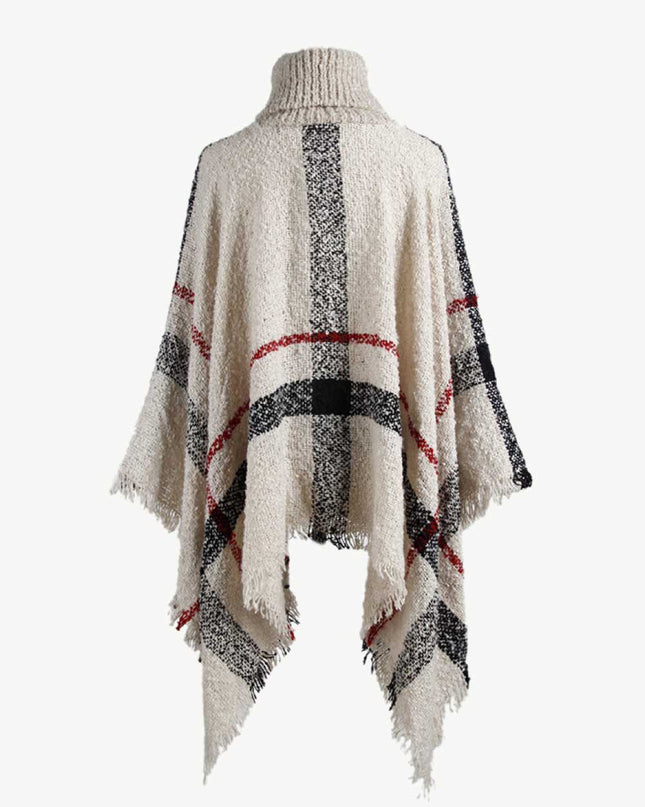 Plaid Turtleneck Raw Hem Poncho
