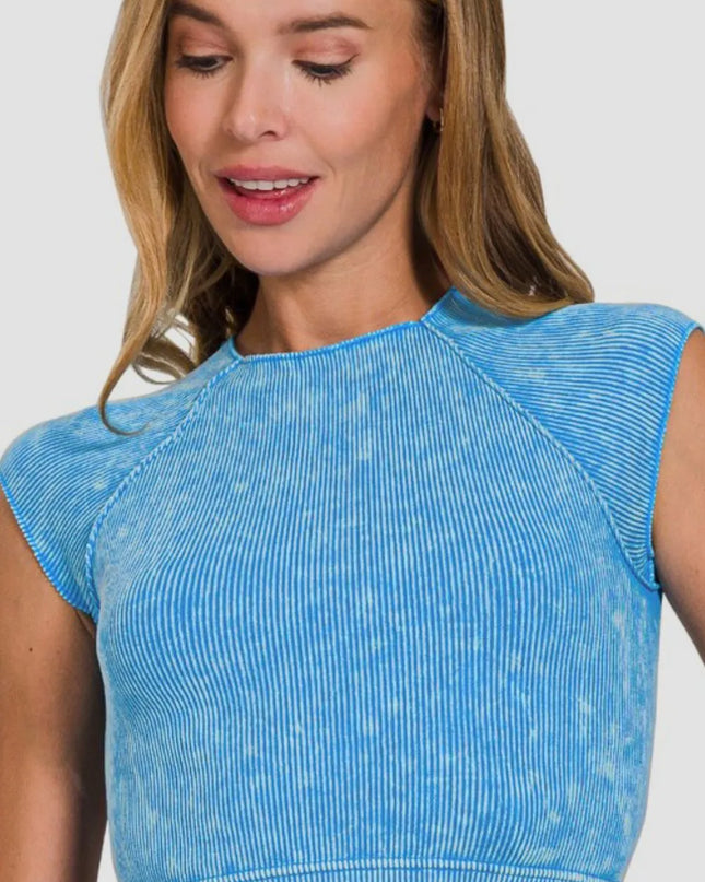 Zenana Ribbed Round Neck Cropped Top Sky Blue