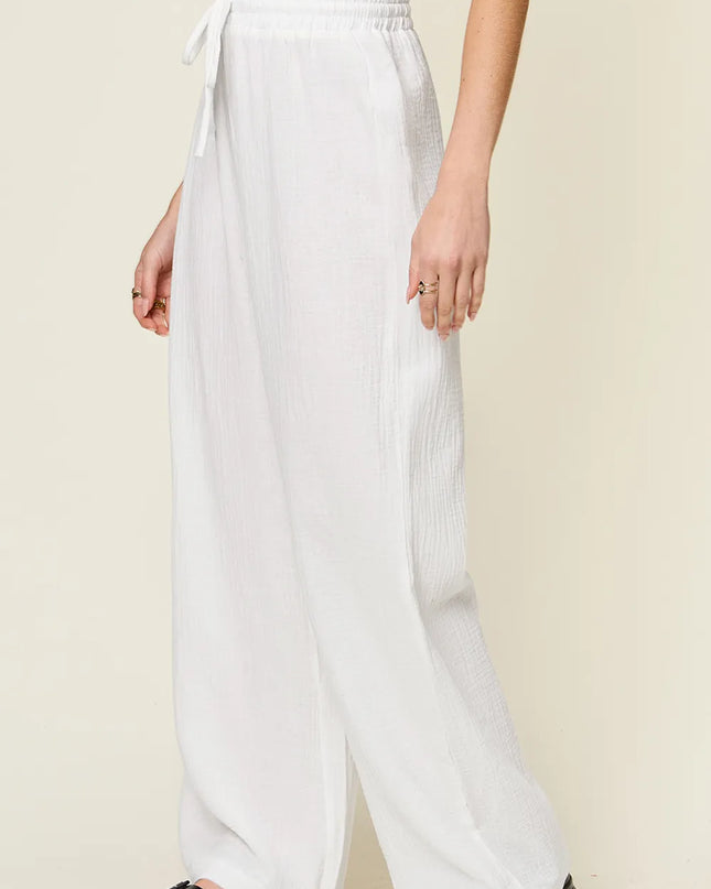 Double Take Full Size Texture Drawstring Wide Leg Pants