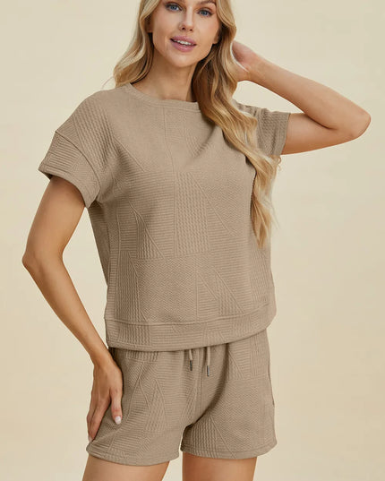 Double Take Full Size Texture Short Sleeve Top and Shorts Set