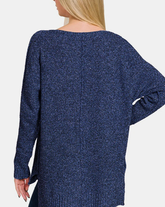 Zenana High-Low Center Seam V-Neck Sweater