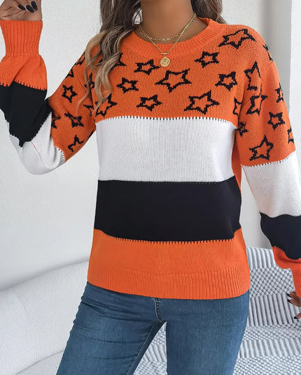 Star Contrast Round Neck Sweater