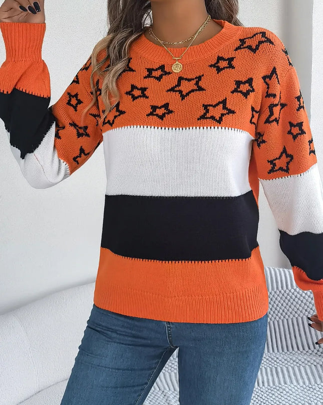 Star Contrast Round Neck Sweater