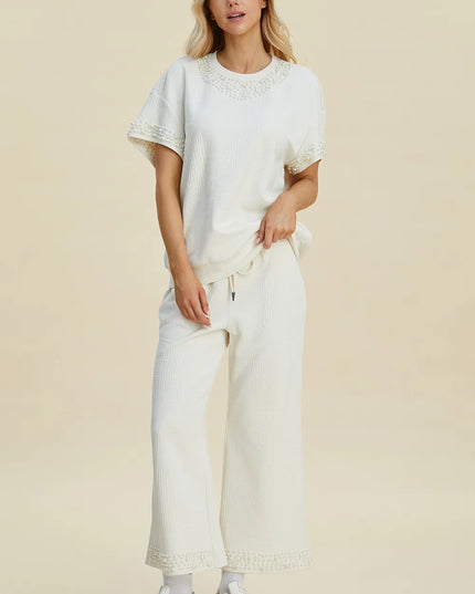 Double Take Full Size Pearl Detail Round Neck Top and Pants Set