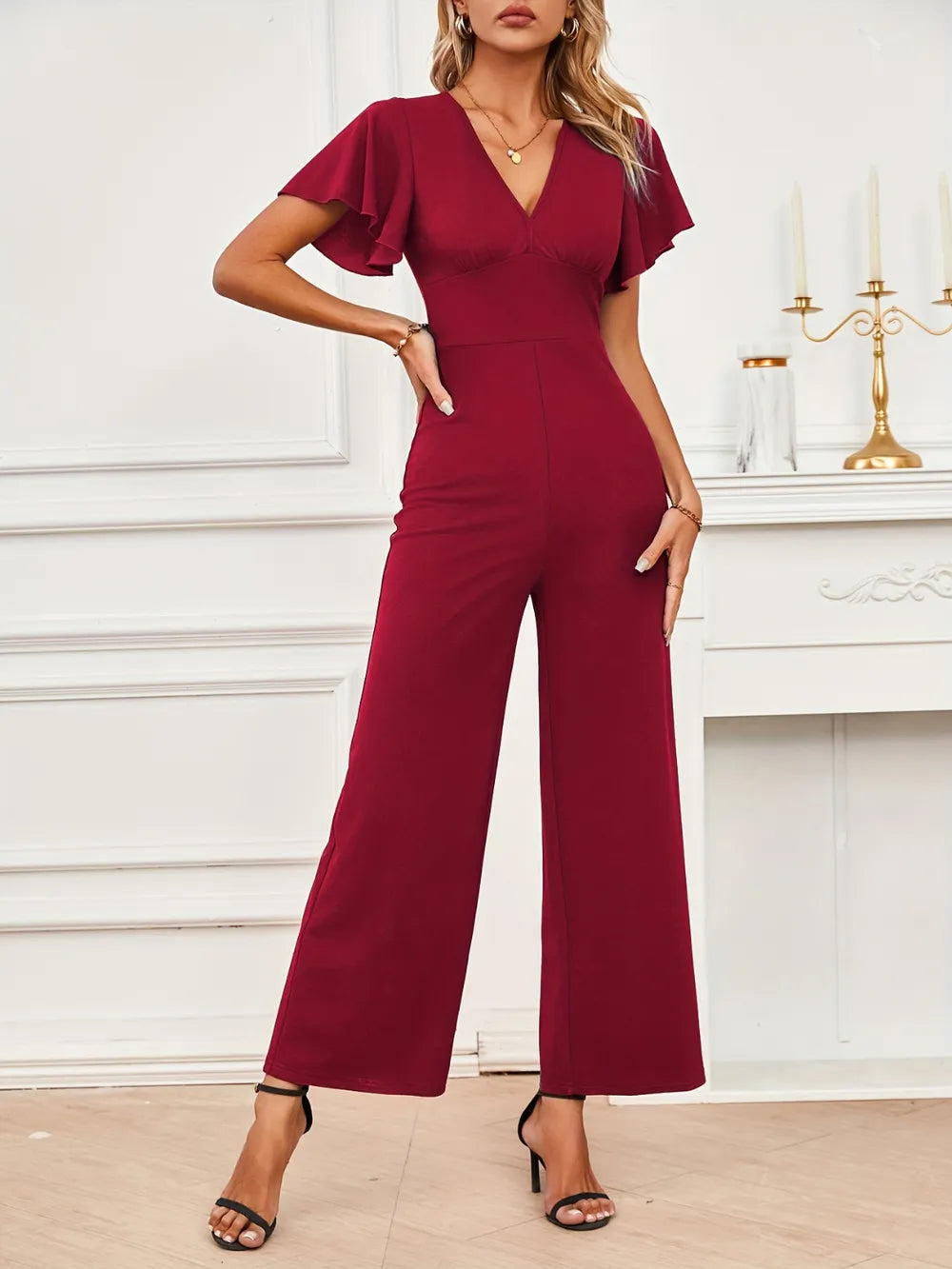 V-Neck Flutter Sleeve Jumpsuit Burgundy