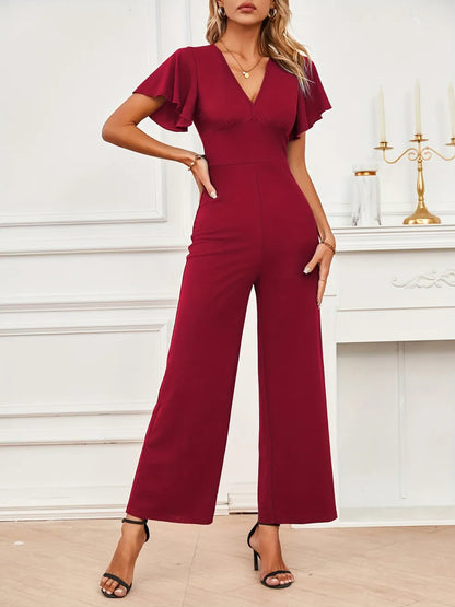 V-Neck Flutter Sleeve Jumpsuit Burgundy