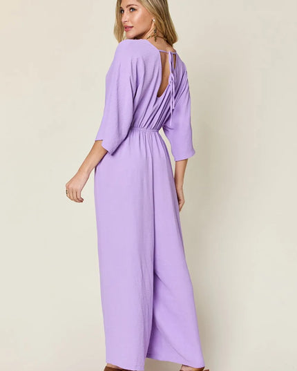 Double Take Full Size Surplice Wide Leg Jumpsuit with Pockets