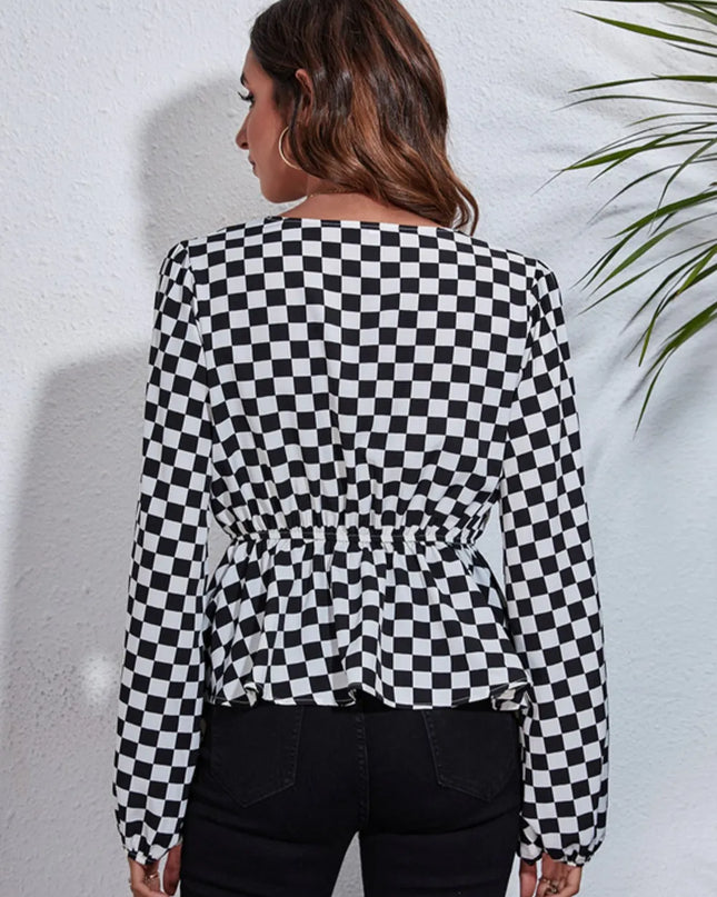 Checkered V-Neck Balloon Sleeve Peplum Blouse