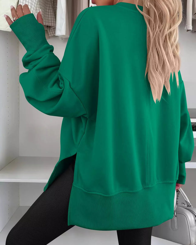 Side Slit Round Neck Long Sleeve Sweatshirt