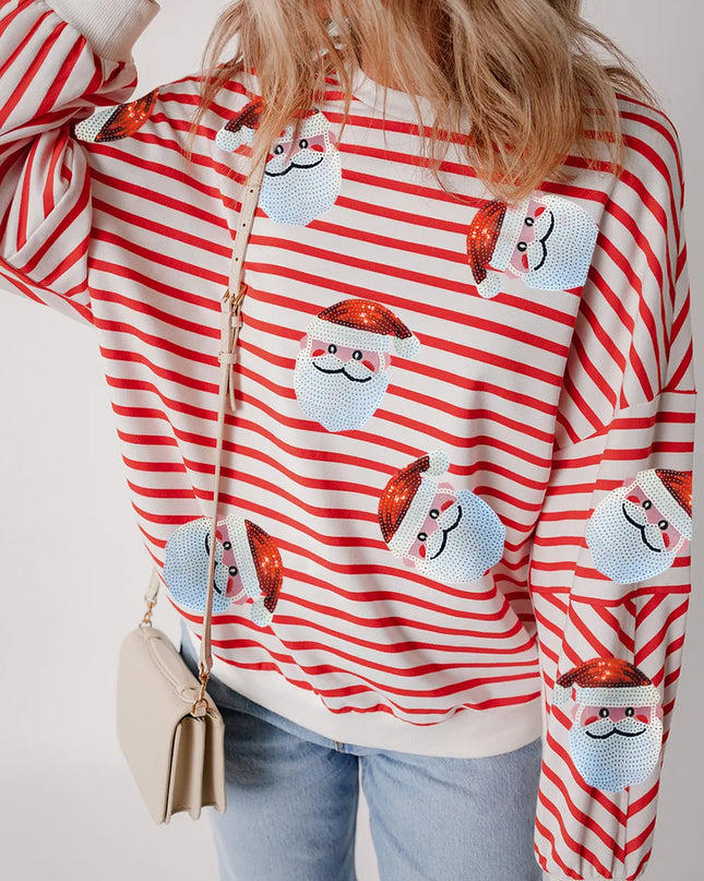 Sequin Santa Striped Round Neck Long Sleeve Sweatshirt