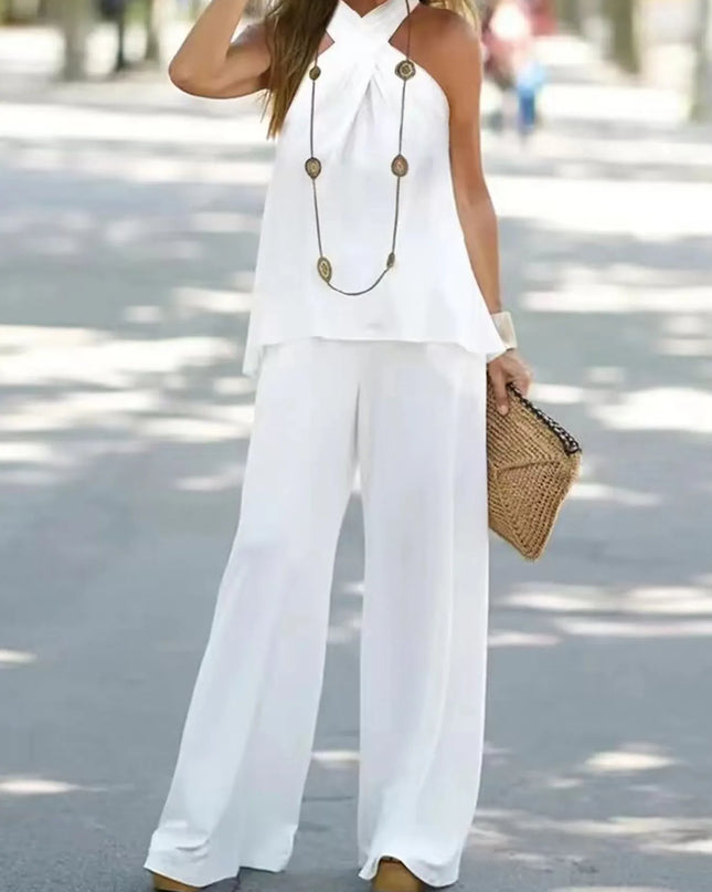 Halter Top and Wide Leg Pants Matching Set White