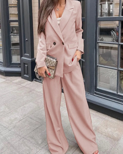 Buttoned Lapel Collar Long Sleeve Blazer and Pants Set Apricot