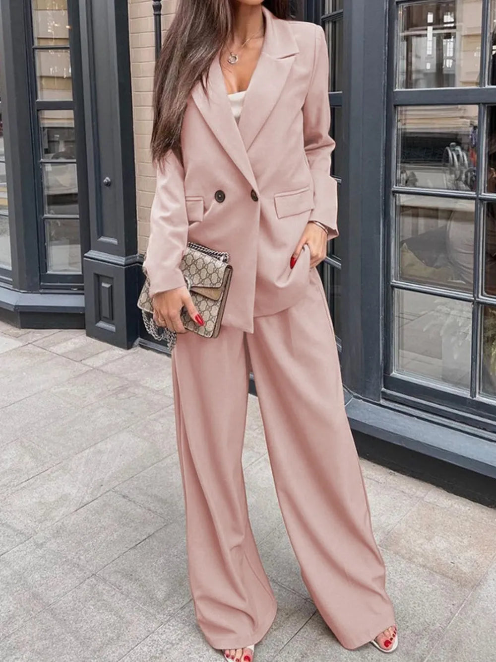 Buttoned Lapel Collar Long Sleeve Blazer and Pants Set Apricot
