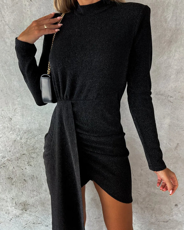 Heathered Mock Neck Long Sleeve Mini Dress Black