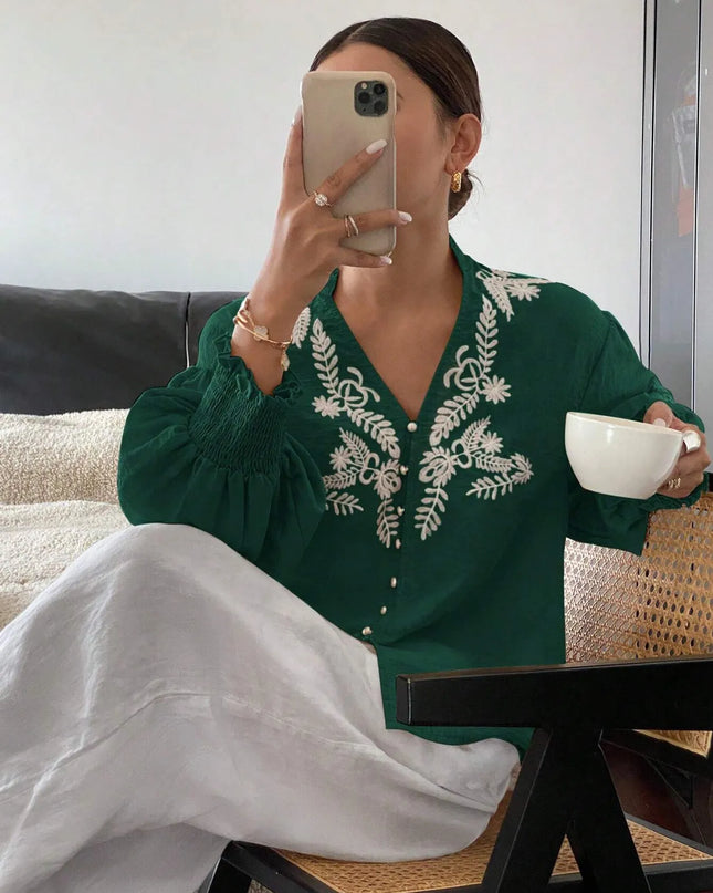 Embroidered Lantern Sleeve Blouse