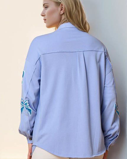Double Take Full Size Sequin Bow Button Up Shacket