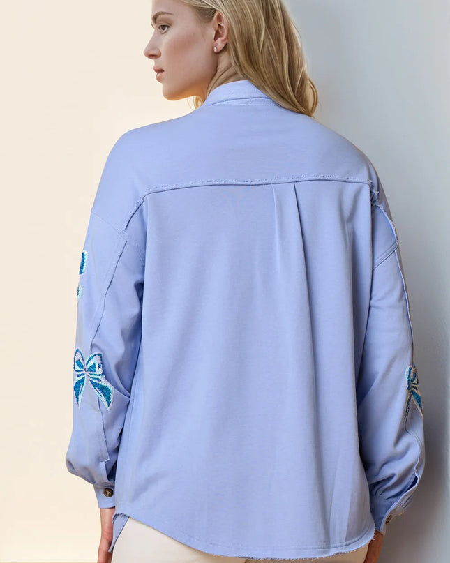 Double Take Full Size Sequin Bow Button Up Shacket