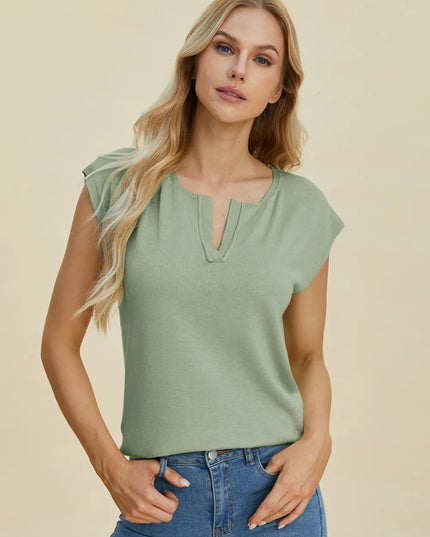 Double Take Full Size Notched Cap Sleeve Knit Top Sage