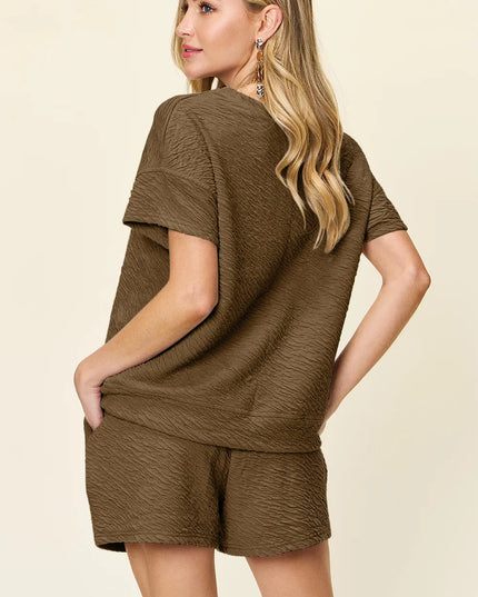 Double Take Full Size Texture Short Sleeve T-Shirt and Drawstring Shorts Set