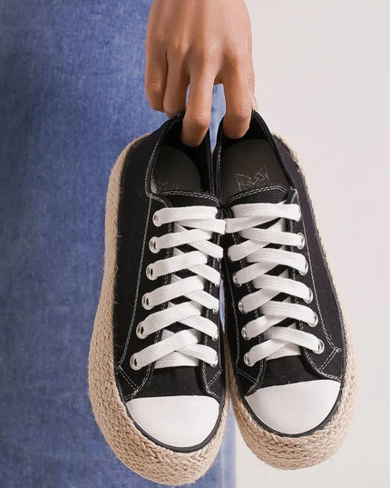 Beast Fashion Lace Up Woven Espadrille Sole Sneakers Black