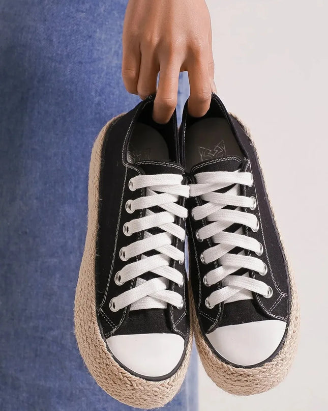 Beast Fashion Lace Up Woven Espadrille Sole Sneakers Black