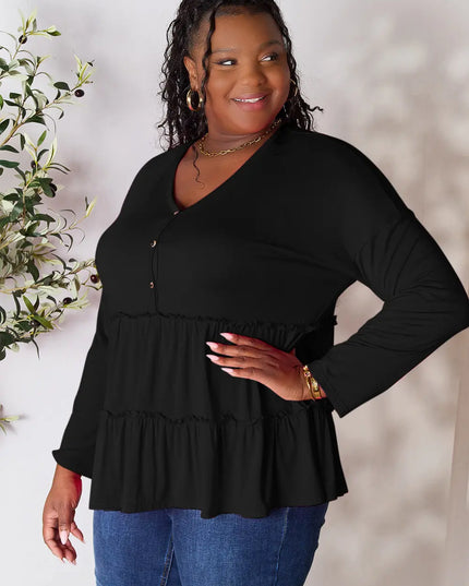 Double Take Half Button Long Sleeve Ruffle Hem Blouse