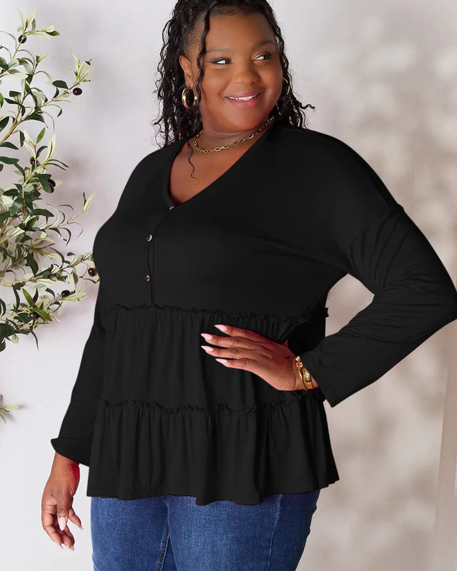 Double Take Half Button Long Sleeve Ruffle Hem Blouse